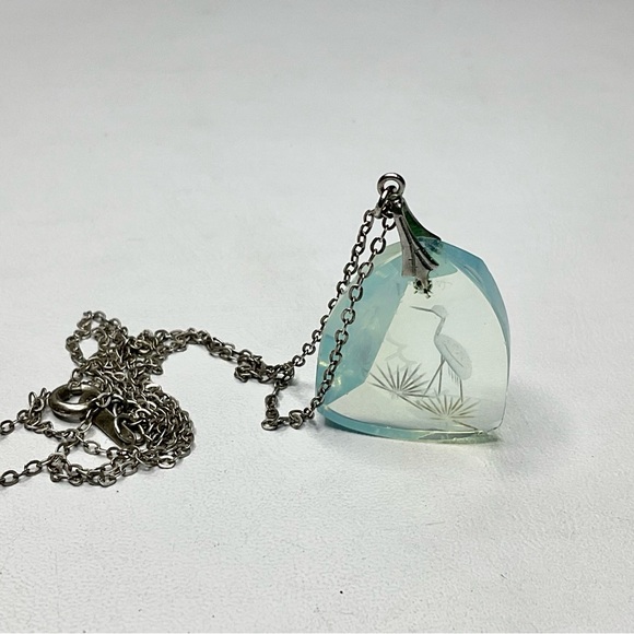 Art Deco Sterling Opaline Glass Necklace Japanese Carved Crane - Picture 5 of 11